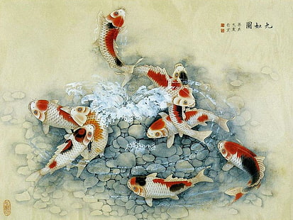 Asya Art11, koi balıkları boyama, çince, japonca, asya sanatı, panitings, HD masaüstü duvar kağıdı HD wallpaper