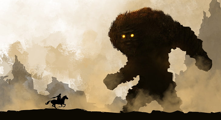 brown giant golem, fantasy art, creature, horse, warrior, Shadow of the Colossus, HD wallpaper