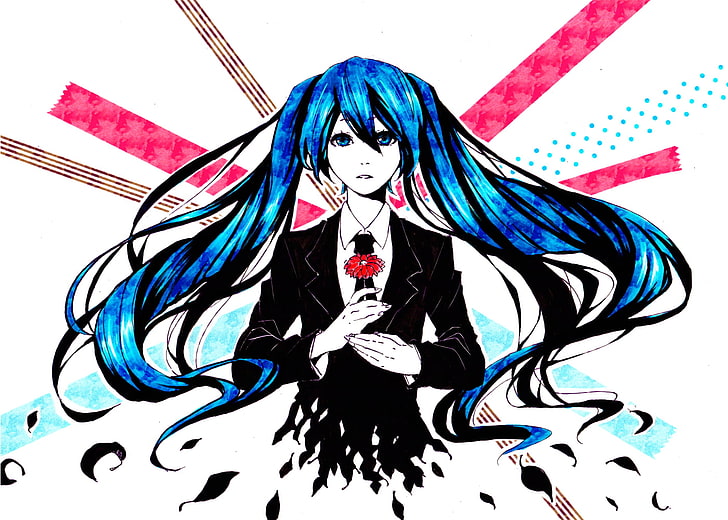 personagem de anime feminino de cabelos azuis, Vocaloid, Hatsune Miku, meninas de anime, franja, twintails, cabelos longos, cabelos azuis, olhos azuis, gravata, jaqueta, folhas, HD papel de parede