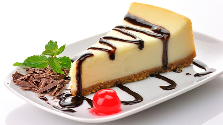 weiße und schwarze Keramikfigur, Käsekuchen, Schokolade, Kirschen, Dessert, Kuchen, HD-Hintergrundbild