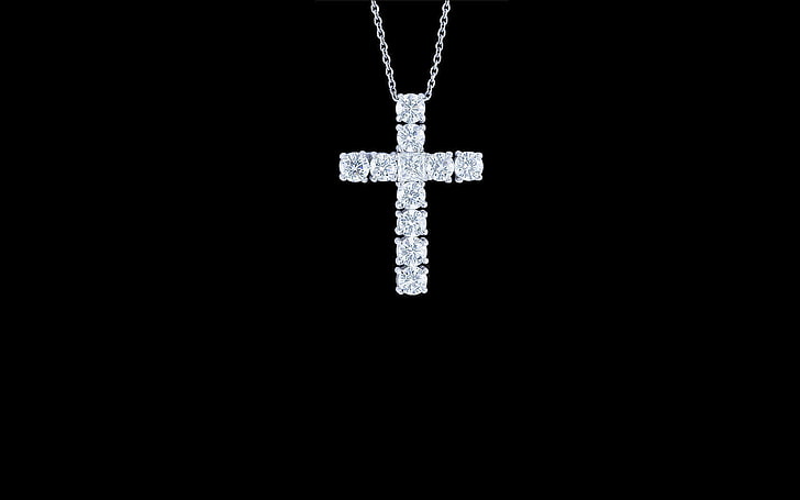 подвеска в виде креста серебристого цвета с прозрачными камнями, камнями, цепочкой, крестом, HD обои