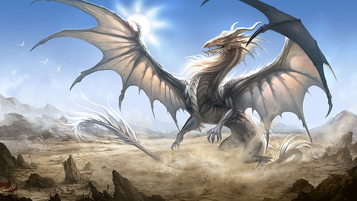 серый дракон иллюстрация, дракон, фэнтези арт, HD обои