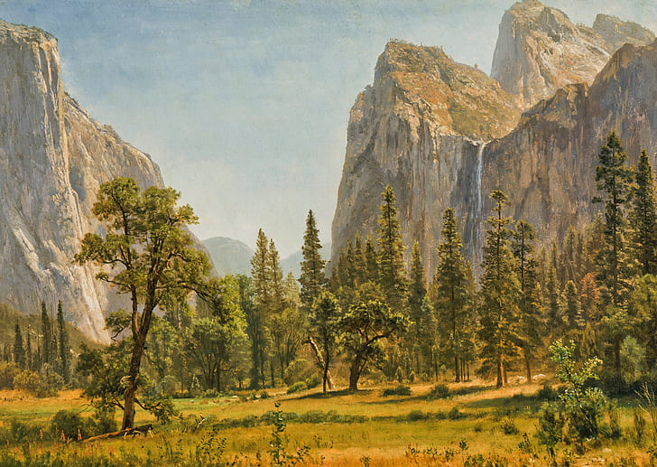 trees, landscape, mountains, nature, picture, Albert Bierstadt, The Bridal Veil Falls. Yosemite. CA, HD wallpaper