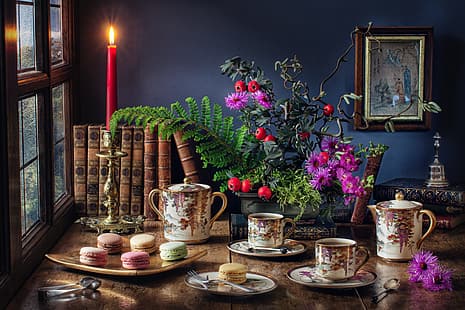 fiori, tavolo, libri, candela, quadro, finestra, tea party, tazza, piatti, natura morta, torte, Sfondo HD HD wallpaper