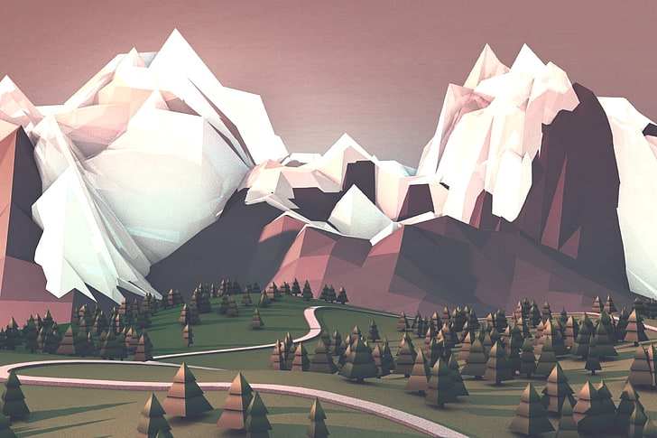white and brown mountain illustration, mountains, low poly, digital art, artwork, nature, road, forest, trees, HD wallpaper