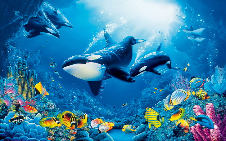 عالم تحت الماء ، والشعاب المرجانية ، والحيوانات البحرية للأسماك الملونة مع حيتان أوركاس القاتلة، خلفية HD