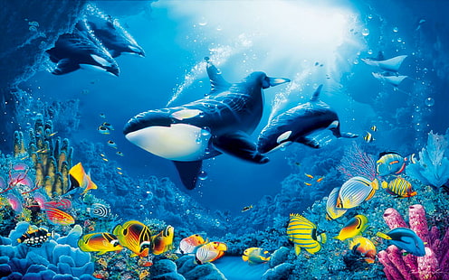عالم تحت الماء ، والشعاب المرجانية ، والحيوانات البحرية للأسماك الملونة مع حيتان أوركاس القاتلة، خلفية HD HD wallpaper