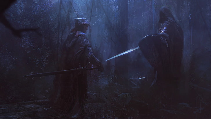dois cavaleiros cercados por árvores papel de parede digital, obras de arte, arte de fantasia, cavaleiro, espada, fantasia escura, HD papel de parede
