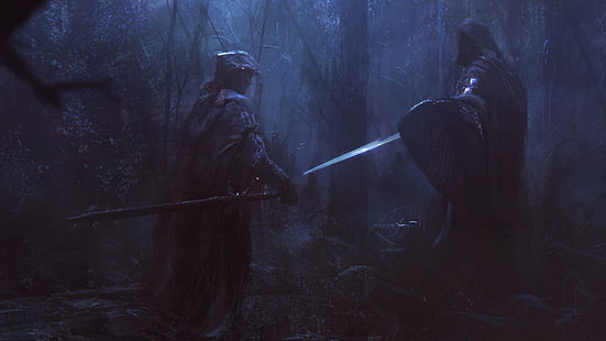 due cavalieri circondati da alberi carta da parati digitale, opere d'arte, fantasy art, cavaliere, spada, dark fantasy, Sfondo HD HD wallpaper