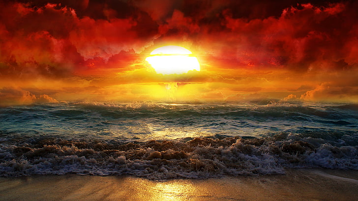 corpo de água, natureza, mar, ondas, costa, sol, praia, bomba atômica, apocalíptico, céu, HD papel de parede