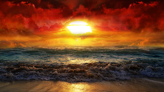 cuerpo de agua, naturaleza, mar, olas, costa, sol, playa, bomba atómica, apocalíptico, cielo, Fondo de pantalla HD HD wallpaper