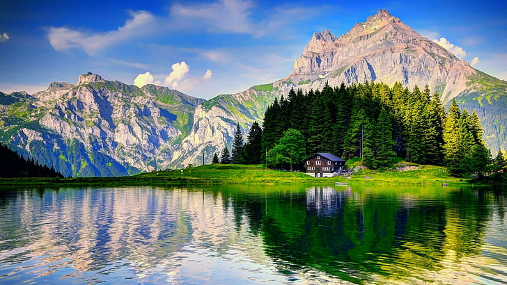 反射、自然、山、荒野、山の風景、山岳地形、空、湖、水、山脈、自然保護区、高地、銀行、スイスアルプス、スイス、 HDデスクトップの壁紙