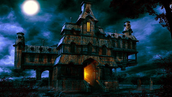 дом с привидениями, дом с привидениями, дом, жуткий, хэллоуин, полная луна, лунный свет, ночь, почти небо, фэнтези-арт, тьма, заброшенный, луна, HD обои HD wallpaper