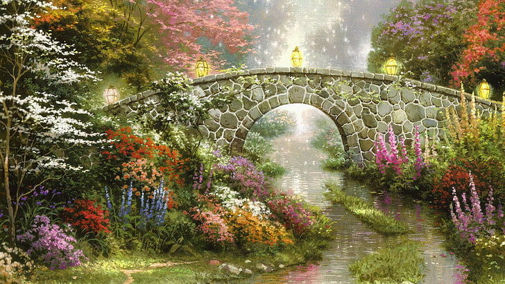 jardin et épouse, Thomas Kinkade, peinture, pont, fleurs, ruisseau, lanterne, Fond d'écran HD