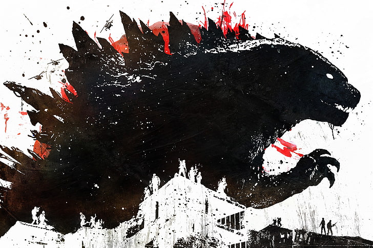 ilustrasi dinosaurus hitam, Godzilla, Alex Cherry, karya seni, cat splatter, Wallpaper HD