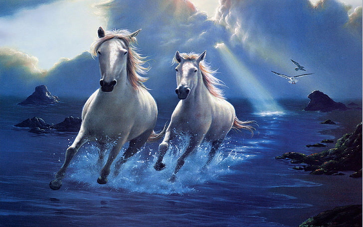 Horses Sky White Clouds Kunstwerk Galoppieren Ultra 3840 × 2400 Hd Wallpaper, HD-Hintergrundbild