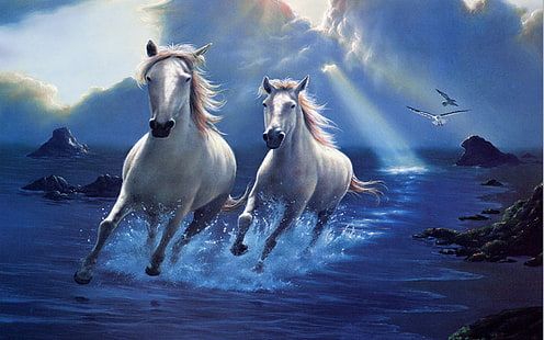 Horses Sky White Clouds Kunstwerk Galoppieren Ultra 3840 × 2400 Hd Wallpaper, HD-Hintergrundbild HD wallpaper