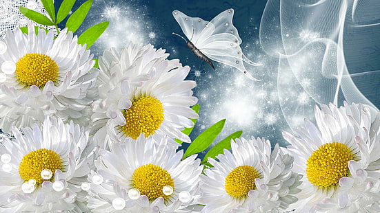 Daisies Silk, white common daisies flower, stars, chamomile, sparkle, flowers, daisies, spring, silk butterfly, shasta, shine, gerbera, summer, HD wallpaper HD wallpaper