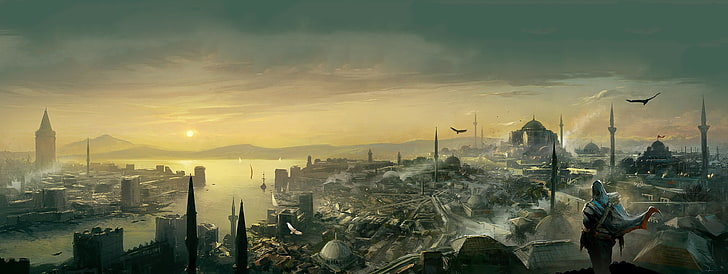 Fondo de pantalla digital de Assassin's Creed, mezquita, Estambul, Turquía, Assassin's Creed: Revelations, haliç, galata, artwork, video games, Fondo de pantalla HD