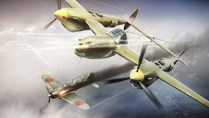 желтый пропеллер, небо, истребитель, арт, американец, самолет, море, тяжёлый, японский, воздушный бой, авианосец, WW2, сбитый A6M Reisen Zero, Lockheed P-38 «Молния», HD обои