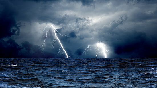 Sea, 5k, 4k wallpaper, 8k, ocean, storm, lightning, clouds, HD wallpaper HD wallpaper