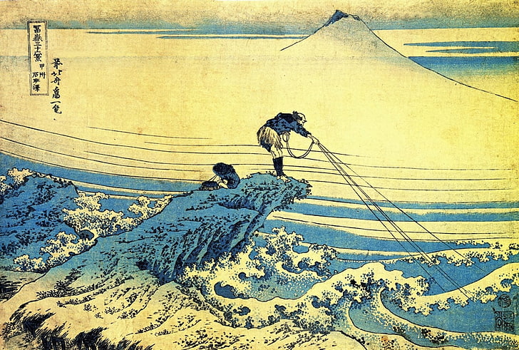 tekstil bunga biru dan putih, Hokusai, Gunung Fuji, Jepang, Wallpaper HD