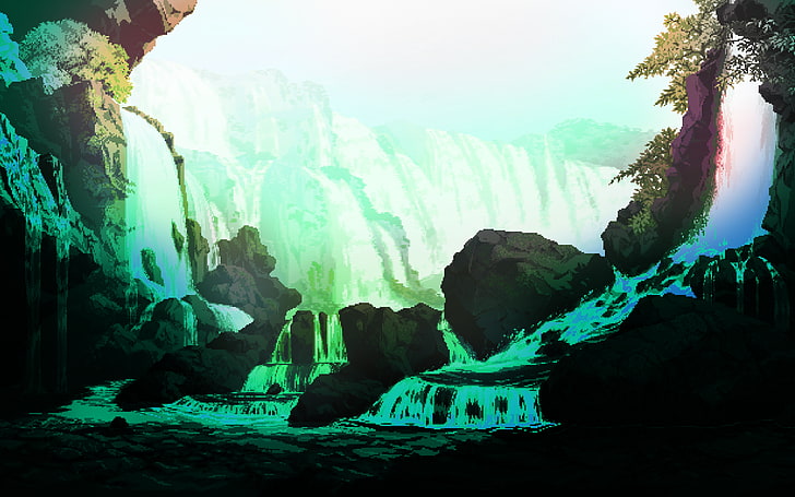 landscape, waterfall, Bit, 8-bit, water, HD wallpaper