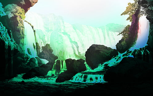 пейзаж, водопад, бит, 8 бит, вода, HD обои HD wallpaper