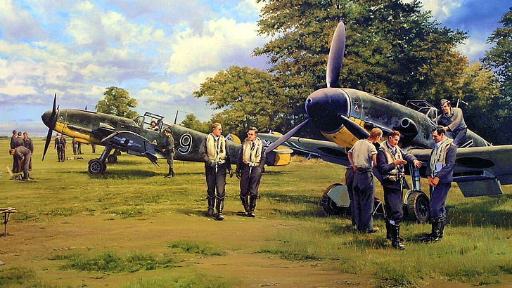 fighter planes painting, Messerschmitt, Messerschmitt Bf-109, World War II, Germany, military, aircraft, military aircraft, Luftwaffe, airplane, HD wallpaper