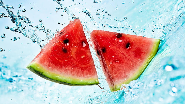 two watermelons, food, watermelons, splashes, fruit, HD wallpaper