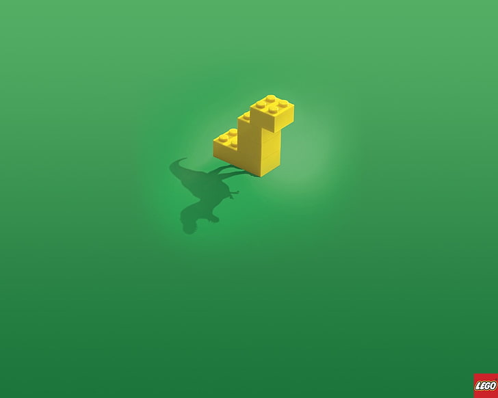 mainan bata LEGO kuning, LEGO, latar belakang hijau, dinosaurus, imajinasi, bayangan, batu bata, Wallpaper HD
