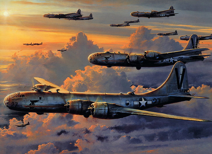 gray fighter jets wallpaper, the sky, clouds, figure, bombers, The second world war, American, strategic, &quot;Boeing&quot; B-29 &quot;Superfortress&quot;, HD wallpaper
