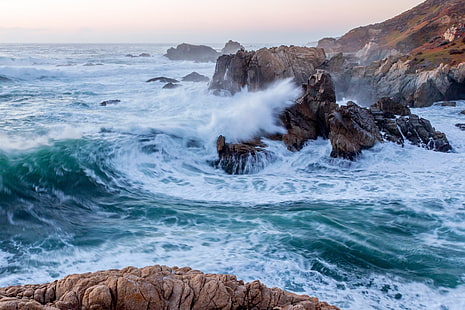 水の波、波、岩、カリフォルニア、太平洋、カリフォルニア、太平洋、ビッグサー、ガラパタ州立公園、 HDデスクトップの壁紙 HD wallpaper
