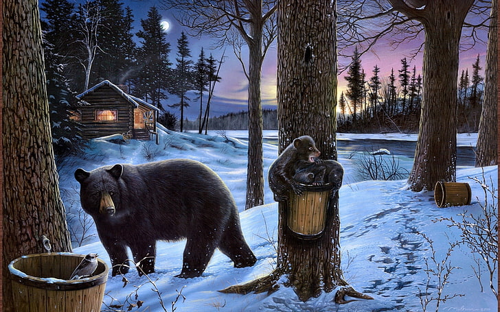bears, winter, trees, snow, artwork, HD wallpaper