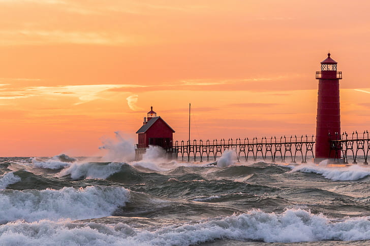 ocean waves near red light house during sunset, ocean waves, red light, light house, sunset, lake  michigan, lighthouse, catwalk, grand  haven, haven  beach, white  caps, breakers, orange, yellow, sea, beacon, coastline, nature, wave, water, beach, HD wallpaper