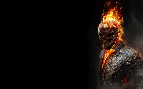El fondo oscuro, fuego, llama, cráneo, esqueleto, jinete fantasma, Fondo de pantalla HD HD wallpaper