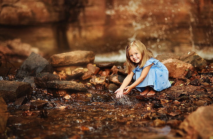 water drops, children, little girl, outdoors, smiling, HD wallpaper