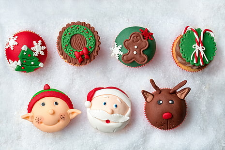 Christmas cupcakes, red, craciun, christmas, food, chocolate, dessert, sweet, cupcake, santa, reindeer, white, HD wallpaper HD wallpaper