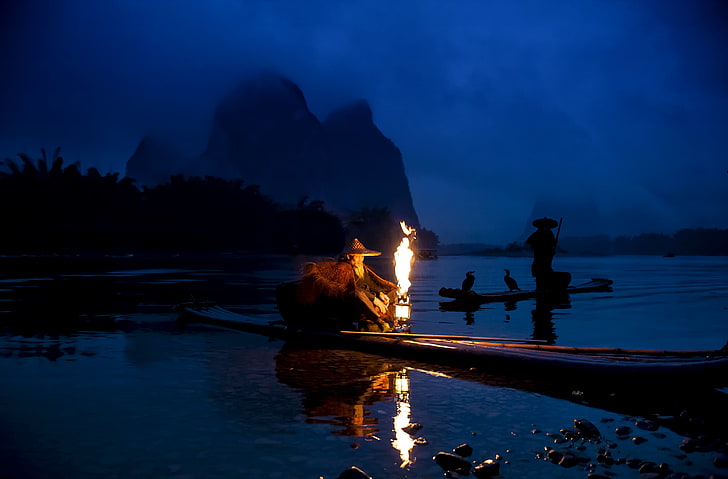 canoa marrón, noche, río, pesca, barcos, China, pescadores, cormoranes, Yangtze, Fondo de pantalla HD