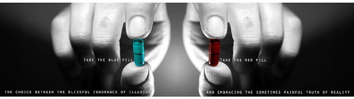 cápsulas de medicamentos azuis e vermelhas, tome a pílula azul e tome a pílula vermelha, The Matrix, display múltiplo, citação, HD papel de parede
