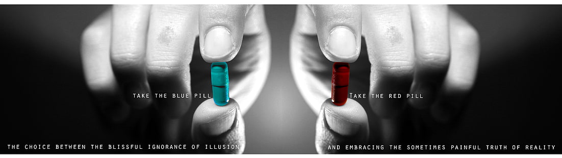 blaue und rote Medikamentenkapseln, nehmen Sie die blaue Pille und nehmen Sie die rote Pille, The Matrix, Mehrfachanzeige, Zitat, HD-Hintergrundbild HD wallpaper