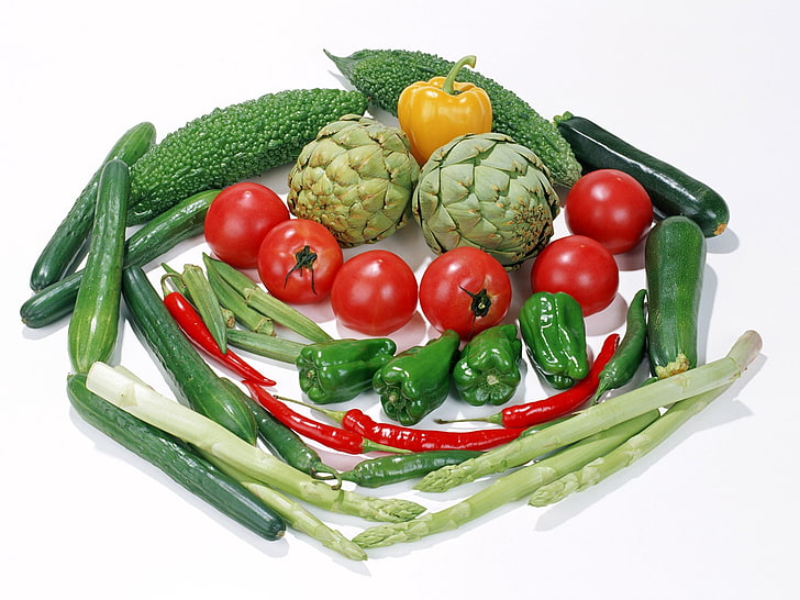 green bell peppers, red tomatoes, and zucchinis, vegetables, pepper, cucumbers, tomatoes, allsorts, HD wallpaper