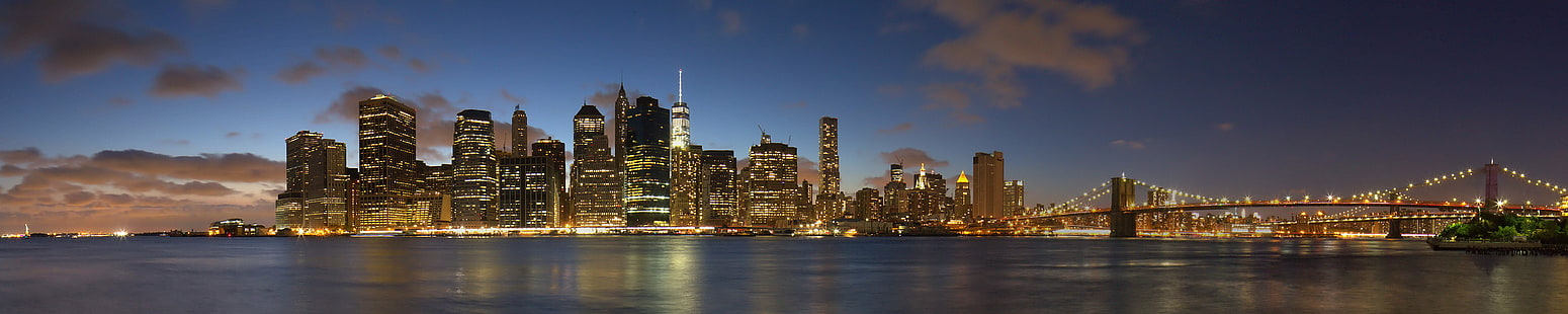 city lights during nighttime, manhattan, brooklyn bridge, manhattan, brooklyn bridge, Brooklyn Bridge, Panorama, blue hour, city lights, nighttime, NYC, Manhattan  #Skyline, architecture, BlueHour, blue  #summer, pano, horizon, urbain, ニュ, ヨ, ク, reflections, clouds, water, romantic, urban Skyline, cityscape, night, new York City, famous Place, uSA, skyscraper, manhattan - New York City, urban Scene, city, downtown District, dusk, river, illuminated, panoramic, bridge - Man Made Structure, brooklyn - New York, HD wallpaper HD wallpaper