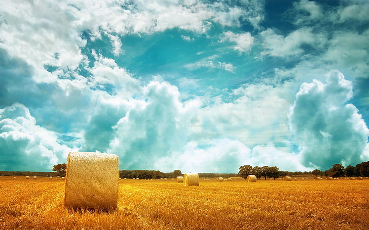 brown haystacks, landscape, nature, sky, field, clouds, HD wallpaper