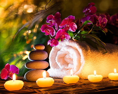 gray cairn stone, flowers, towel, candles, orchids, Spa stones, HD wallpaper HD wallpaper