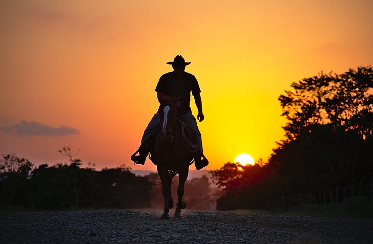 Fotografia, kowboj, koń, człowiek, sylwetka, zachód słońca, Tapety HD