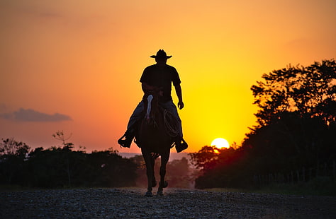 التصوير الفوتوغرافي ، راعي البقر ، الحصان ، الرجل ، صورة ظلية ، الغروب، خلفية HD HD wallpaper