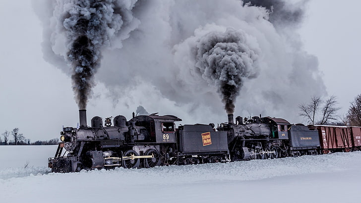 дим, пара, сняг, железопътен транспорт, зима, влак, локомотив, дърво, превозно средство, парна машина, подвижен състав, коловоз, железопътен вагон, замръзване, парен локомотив, транспорт, HD тапет