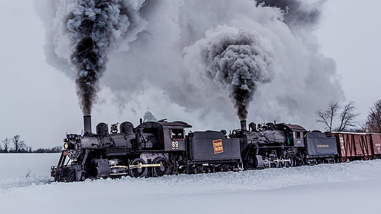 дим, пара, сняг, железопътен транспорт, зима, влак, локомотив, дърво, превозно средство, парна машина, подвижен състав, коловоз, железопътен вагон, замръзване, парен локомотив, транспорт, HD тапет HD wallpaper
