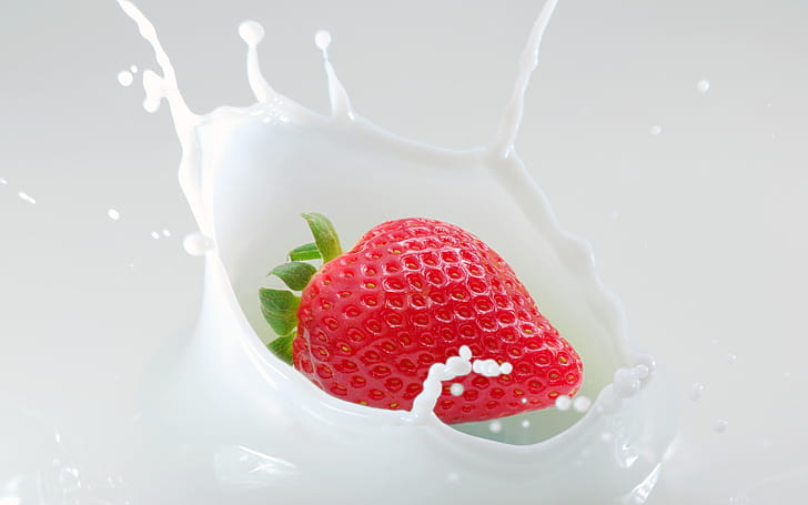 Strawberries and milk the moment, Strawberries, Milk, Fruit, HD wallpaper